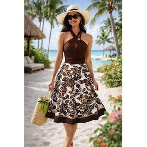 Monochrome Tropical Floral Skirt A-Line Resort Cottage Island Style NWT Womens M